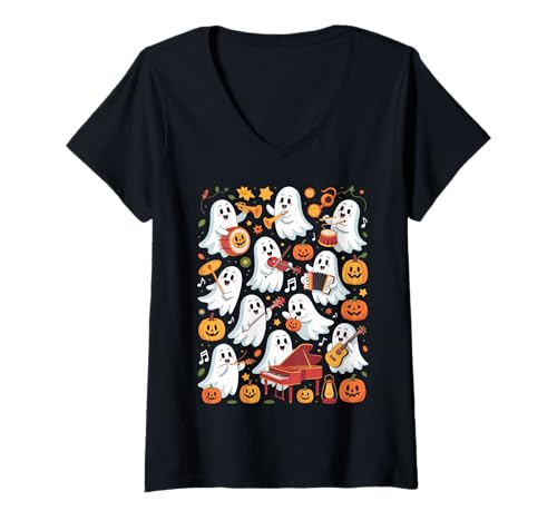 Damen Music Teacher Orchestra Spooky Halloween Ghost Band T-Shirt mit V-Ausschnitt Damen Music Teacher Orchestra Spooky Halloween Ghost Band T-Shirt mit V-Ausschnitt von Halloween Music Classroom Must Haves