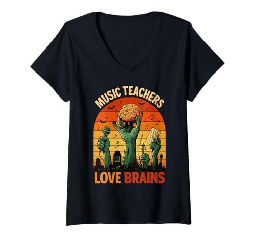 Damen Retro-Zombie-Musiklehrer lieben Gehirn-Design T-Shirt mit V-Ausschnitt Damen Retro-Zombie-Musiklehrer lieben Gehirn-Design T-Shirt mit V-Ausschnitt von Halloween Music Teachers by NLTS