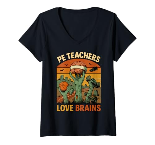 Damen Retro-Zombie-Sportlehrer lieben Gehirn-Design T-Shirt mit V-Ausschnitt Damen Retro-Zombie-Sportlehrer lieben Gehirn-Design T-Shirt mit V-Ausschnitt von Halloween Music Teachers by NLTS