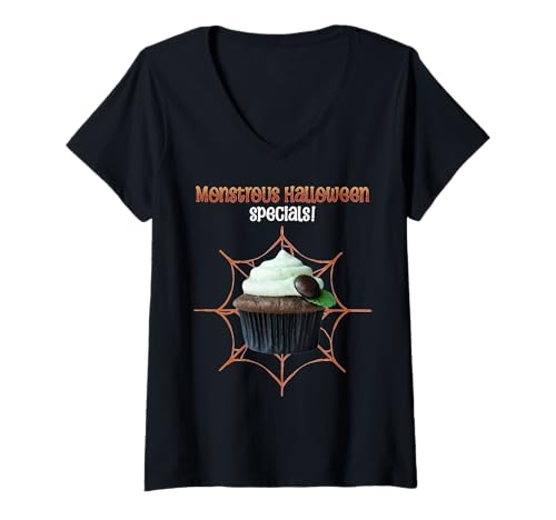 Damen Monströser Halloween-Cupcake Süßer Leckerbissen Szene T-Shirt mit V-Ausschnitt Damen Monströser Halloween-Cupcake Süßer Leckerbissen Szene T-Shirt mit V-Ausschnitt von Halloween-Nachtisch Fans und Gruselliebhaber