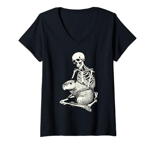 Damen Skelett umarmt Capybara Halloween T-Shirt mit V-Ausschnitt Damen Skelett umarmt Capybara Halloween T-Shirt mit V-Ausschnitt von Halloween Nager & Co.