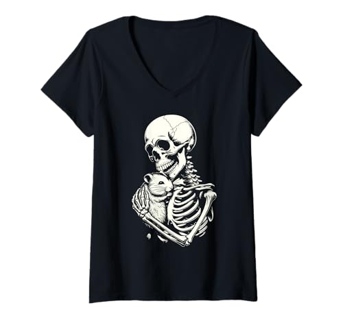 Damen Skelett umarmt Hamster Halloween T-Shirt mit V-Ausschnitt Damen Skelett umarmt Hamster Halloween T-Shirt mit V-Ausschnitt von Halloween Nager & Co.