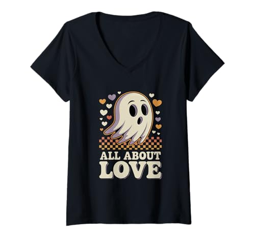 Damen Alles über Liebe Niedlicher Geist Pastellfarbenes Herz Hallo T-Shirt mit V-Ausschnitt Damen Alles über Liebe Niedlicher Geist Pastellfarbenes Herz Hallo T-Shirt mit V-Ausschnitt von Halloween Niedlicher Geist Liebe Schachbrettmuster