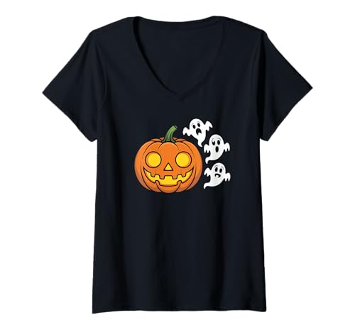 Damen Halloween T-Shirt mit V-Ausschnitt Damen Halloween T-Shirt mit V-Ausschnitt von Halloween Night Pumpkin Costume Carved