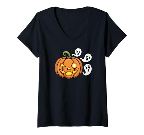 Damen Halloween T-Shirt mit V-Ausschnitt Damen Halloween T-Shirt mit V-Ausschnitt von Halloween Night Pumpkin Costume Carved