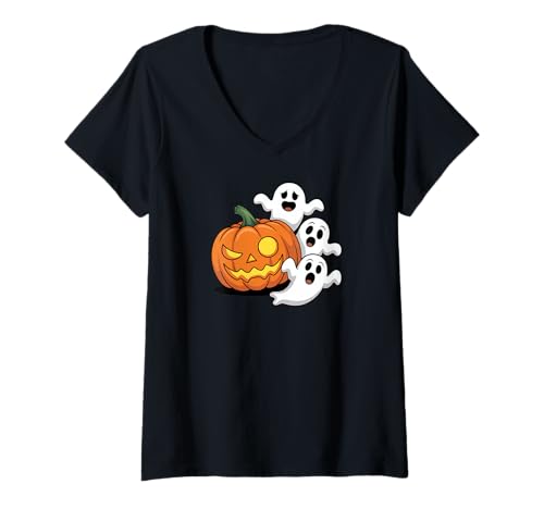 Damen Halloween T-Shirt mit V-Ausschnitt Damen Halloween T-Shirt mit V-Ausschnitt von Halloween Night Pumpkin Costume Carved