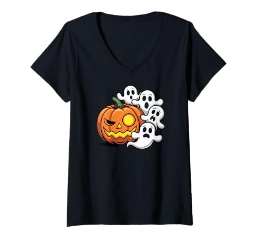 Damen Halloween T-Shirt mit V-Ausschnitt Damen Halloween T-Shirt mit V-Ausschnitt von Halloween Night Pumpkin Costume Carved