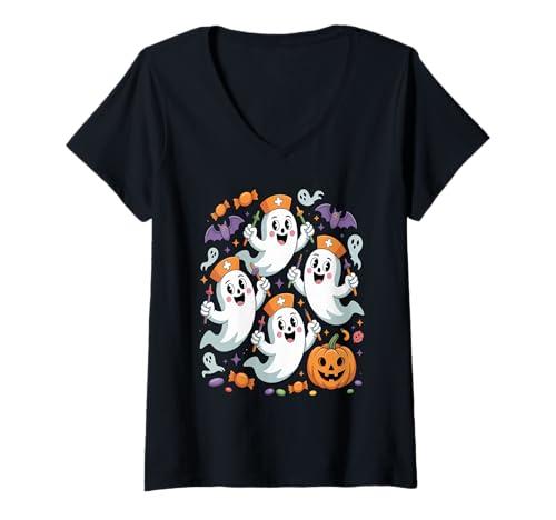 Damen Ghost Nurse Halloween-T-Shirt - Spooky Nursing T-Shirt mit V-Ausschnitt Damen Ghost Nurse Halloween-T-Shirt - Spooky Nursing T-Shirt mit V-Ausschnitt von Halloween Nurse Apparel