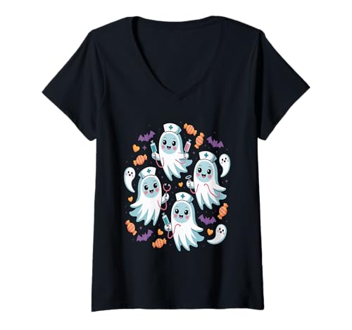 Damen Ghost Nurse Halloween-T-Shirt - Spooky Nursing T-Shirt mit V-Ausschnitt Damen Ghost Nurse Halloween-T-Shirt - Spooky Nursing T-Shirt mit V-Ausschnitt von Halloween Nurse Apparel