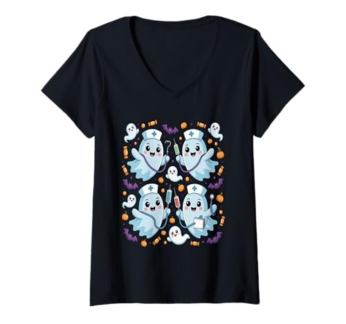 Damen Ghost Nurse Halloween-T-Shirt - Spooky Nursing T-Shirt mit V-Ausschnitt Damen Ghost Nurse Halloween-T-Shirt - Spooky Nursing T-Shirt mit V-Ausschnitt von Halloween Nurse Apparel