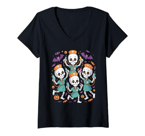 Damen Skelett Krankenschwester Halloween T-Shirt - Spooky Nursing T-Shirt mit V-Ausschnitt Damen Skelett Krankenschwester Halloween T-Shirt - Spooky Nursing T-Shirt mit V-Ausschnitt von Halloween Nurse Apparel