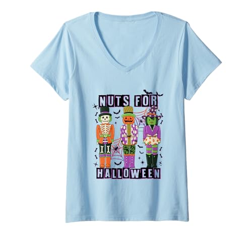 Damen Nüsse für Halloween Nussknacker Spaß T-Shirt mit V-Ausschnitt Damen Nüsse für Halloween Nussknacker Spaß T-Shirt mit V-Ausschnitt von Halloween Nutcracker Skeleton Pumpkin Witch