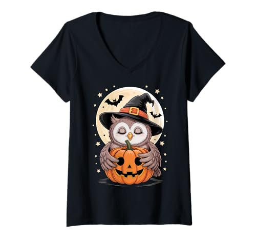 Damen Halloween Eule Hexenhut Kürbis Gruselig T-Shirt mit V-Ausschnitt Damen Halloween Eule Hexenhut Kürbis Gruselig T-Shirt mit V-Ausschnitt von Halloween Owl Costume Pumpkins Bats Tees