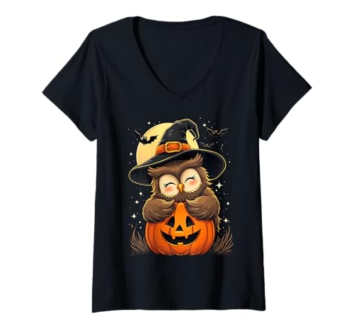 Damen Halloween Eule Hexenhut Kürbis Gruselig T-Shirt mit V-Ausschnitt Damen Halloween Eule Hexenhut Kürbis Gruselig T-Shirt mit V-Ausschnitt von Halloween Owl Pumpkins Bats Costumes Tee