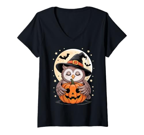 Damen Halloween Eule Hexenhut Kürbis Gruselig T-Shirt mit V-Ausschnitt Damen Halloween Eule Hexenhut Kürbis Gruselig T-Shirt mit V-Ausschnitt von Halloween Owl Pumpkins Bats Tees Costumes