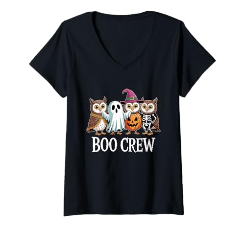 Damen Boo Crew Halloween Eulen Geist Kürbis Hexe Skelett T-Shirt mit V-Ausschnitt Damen Boo Crew Halloween Eulen Geist Kürbis Hexe Skelett T-Shirt mit V-Ausschnitt von Halloween Owls Ghost Pumpkin Skeleton Squad