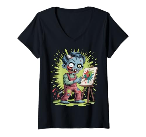 Damen Zombie-Maler Halloween T-Shirt mit V-Ausschnitt Damen Zombie-Maler Halloween T-Shirt mit V-Ausschnitt von Halloween Painter Apparel