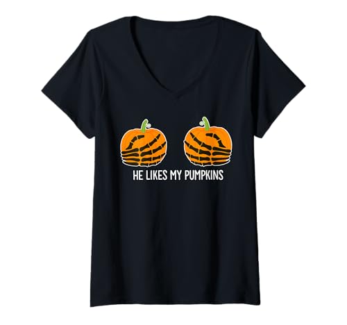 Damen HE Likes My Pumpkins X Kürbis Kürbisse Lustiges Halloween T-Shirt mit V-Ausschnitt Damen HE Likes My Pumpkins X Kürbis Kürbisse Lustiges Halloween T-Shirt mit V-Ausschnitt von Halloween Partner Kostüm - Lustiges Partnerkostüm
