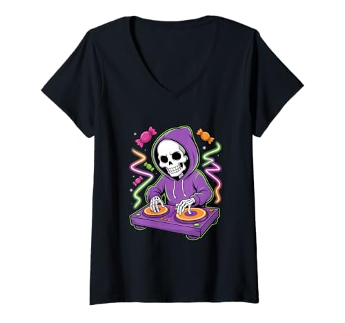 Damen Party Nacht Halloween Skelett DJ Süßes Oder Saures T-Shirt mit V-Ausschnitt Damen Party Nacht Halloween Skelett DJ Süßes Oder Saures T-Shirt mit V-Ausschnitt von Halloween Party DJ Skelett Süßigkeiten Beat