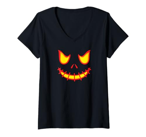 Damen Kürbis Kostüm mit Oranges Kürbis Gesicht Lustiges Halloween T-Shirt mit V-Ausschnitt Damen Kürbis Kostüm mit Oranges Kürbis Gesicht Lustiges Halloween T-Shirt mit V-Ausschnitt von Halloween Passende Outfits für Frauen Männer