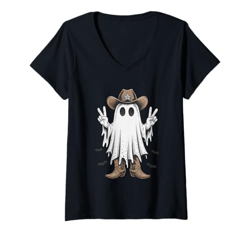 Damen Cowboy-Geist mit Friedenszeichen Halloween Spaß T-Shirt mit V-Ausschnitt Damen Cowboy-Geist mit Friedenszeichen Halloween Spaß T-Shirt mit V-Ausschnitt von Halloween Peace Ghost Cowboy Spirit Vibes