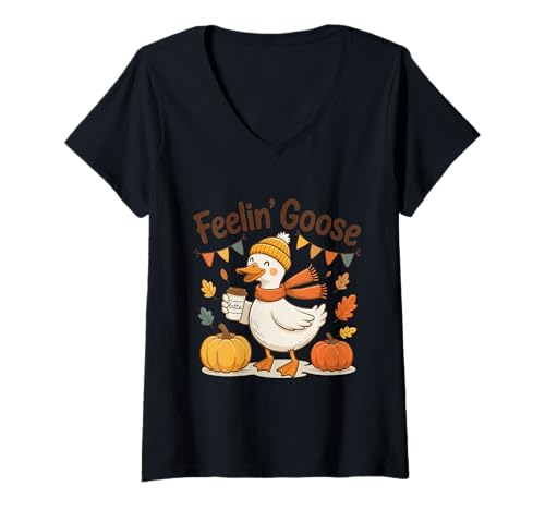 Damen Feelin Goose Herbst Kürbis T-Shirt mit V-Ausschnitt von Halloween Phiz