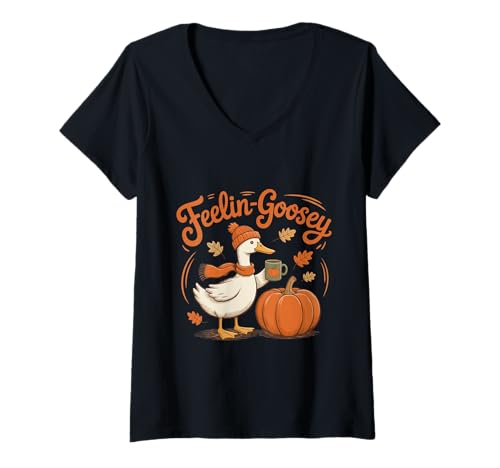 Damen Feeling Goosey Herbst Kürbis T-Shirt mit V-Ausschnitt von Halloween Phiz
