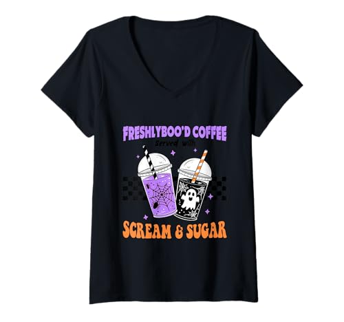 Damen Freshly Boo'd Kaffee serviert mit Schrei und Zucker T-Shirt mit V-Ausschnitt von Halloween Phiz
