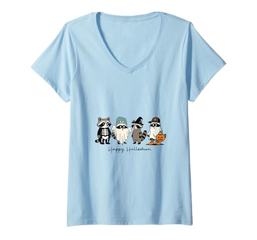 Damen Froher Halloween-Waschbär T-Shirt mit V-Ausschnitt von Halloween Phiz