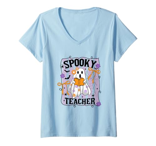Damen Gruseliger Halloween-Geisterlehrer T-Shirt mit V-Ausschnitt von Halloween Phiz