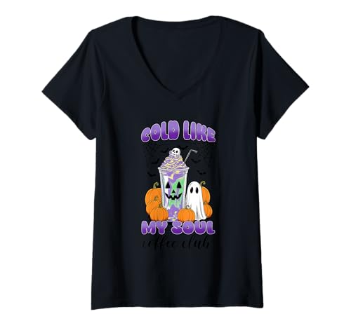 Damen Halloween Coffee Club Kalt wie Meine Seele T-Shirt mit V-Ausschnitt von Halloween Phiz