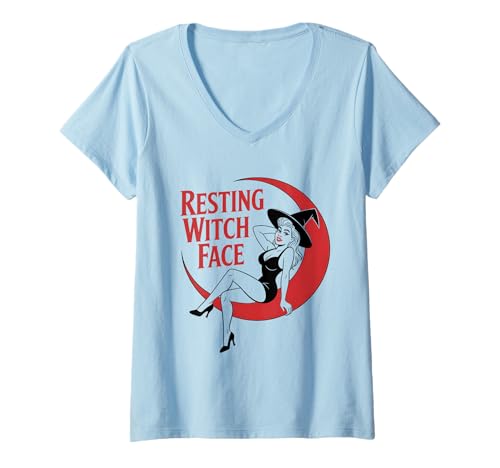 Damen Halloween-Hexe mit Pinup-Mädchen T-Shirt mit V-Ausschnitt von Halloween Phiz