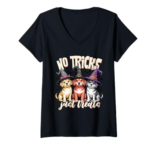Damen Halloween-Hunde, Keine Tricks, nur Leckereien T-Shirt mit V-Ausschnitt von Halloween Phiz