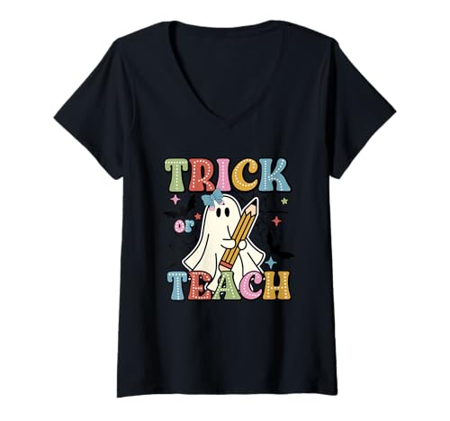 Damen Halloween-Lehrer: Trick or Teach T-Shirt mit V-Ausschnitt von Halloween Phiz