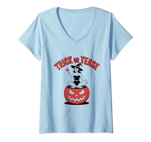 Damen Halloween-Pinup-Girl-Trick oder -Tease T-Shirt mit V-Ausschnitt von Halloween Phiz