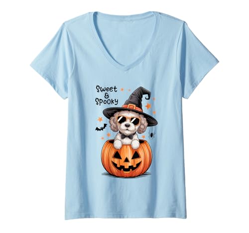Damen Halloween Pudel Hund T-Shirt mit V-Ausschnitt von Halloween Phiz