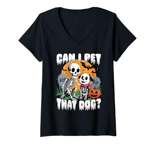 Damen Halloween Skelett Can I Pet That Dog T-Shirt mit V-Ausschnitt von Halloween Phiz