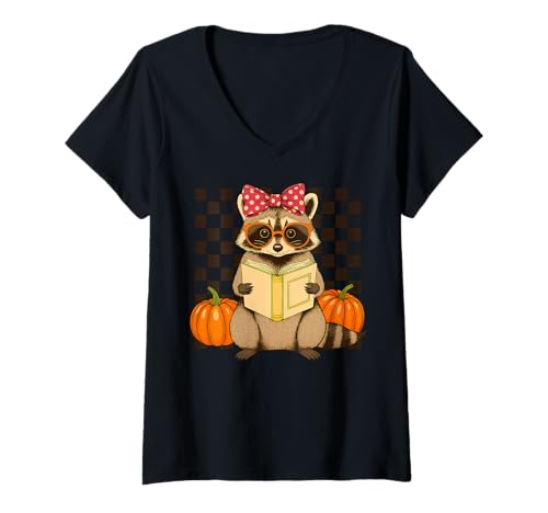 Damen Halloween Waschbär T-Shirt mit V-Ausschnitt von Halloween Phiz