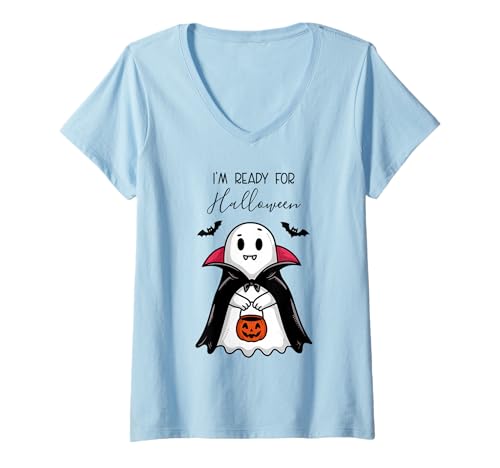 Damen I'm Ready for Halloween Ghost Kostüm T-Shirt mit V-Ausschnitt von Halloween Phiz