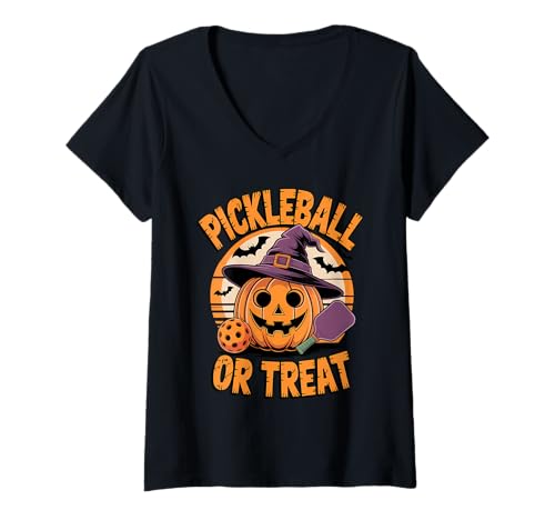 Damen Pickleball Or Treat Halloween Fun T-Shirt mit V-Ausschnitt von Halloween Pickleball Spooky Fun
