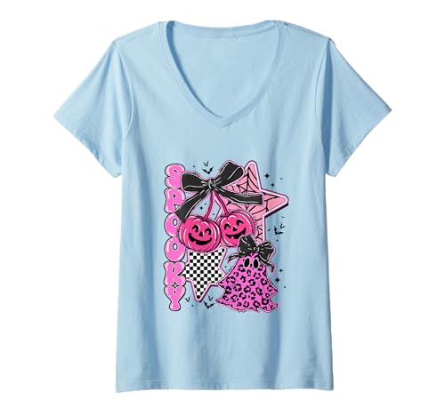 Damen Gruselige rosa Geisterkürbisse Halloween Spaß T-Shirt mit V-Ausschnitt Damen Gruselige rosa Geisterkürbisse Halloween Spaß T-Shirt mit V-Ausschnitt von Halloween Pink Ghosts Pumpkins Bows Stars