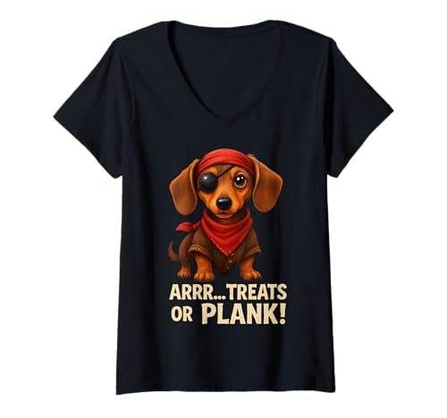 Damen ARRR... Leckerlis oder Plank! Halloween Pirat Dackel Hund T-Shirt mit V-Ausschnitt Damen ARRR... Leckerlis oder Plank! Halloween Pirat Dackel Hund T-Shirt mit V-Ausschnitt von Halloween Pirate Dachshund Tee
