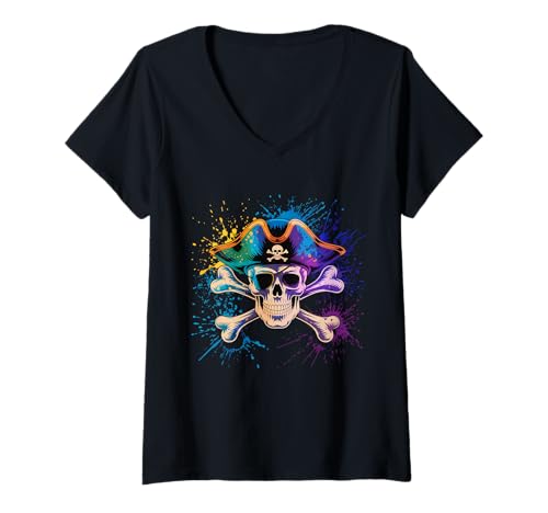 Damen Lustiger Piratenschädel Gekreuzte Knochen Halloween Look T-Shirt mit V-Ausschnitt Damen Lustiger Piratenschädel Gekreuzte Knochen Halloween Look T-Shirt mit V-Ausschnitt von Halloween Pirate Skull Graphics