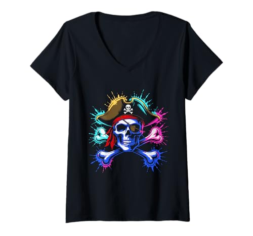 Damen Lustiger Piratenschädel Kreuzknochen Halloween T-Shirt mit V-Ausschnitt Damen Lustiger Piratenschädel Kreuzknochen Halloween T-Shirt mit V-Ausschnitt von Halloween Pirate Skull Graphics