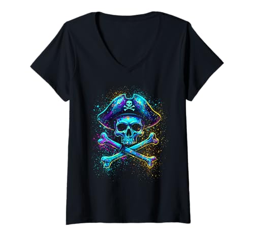 Damen Piratenschädel Gekreuzte Knochen Halloween Kostüm Lustig T-Shirt mit V-Ausschnitt Damen Piratenschädel Gekreuzte Knochen Halloween Kostüm Lustig T-Shirt mit V-Ausschnitt von Halloween Pirate Skull Graphics