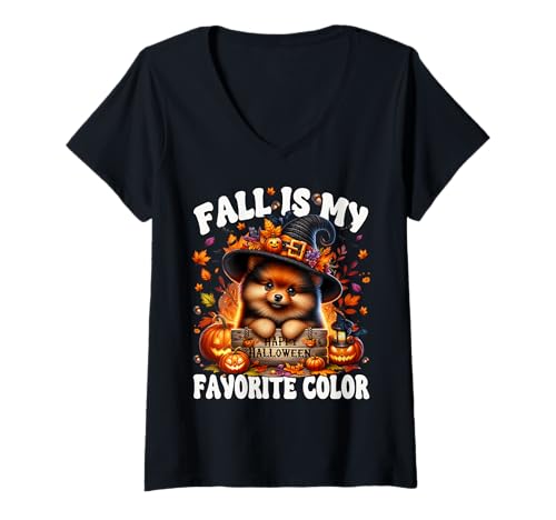 Damen Fall is My Favorite Color Witchy Halloween Pomeranian T-Shirt mit V-Ausschnitt Damen Fall is My Favorite Color Witchy Halloween Pomeranian T-Shirt mit V-Ausschnitt von Halloween Pomeranian Gifts For Pomeranian Lovers