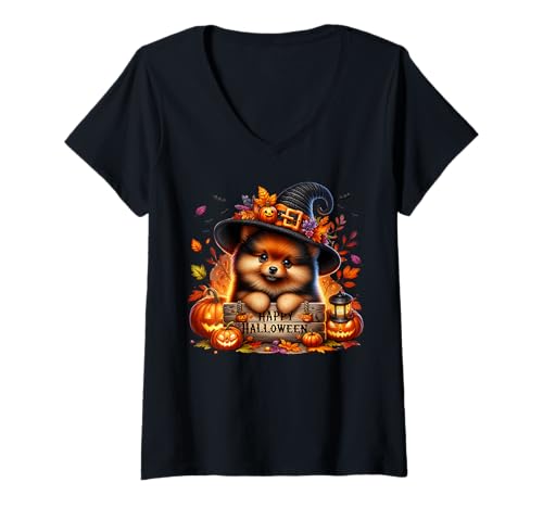 Damen Witchy Pomeranian Puppy In Black Witch Hat Happy Halloween T-Shirt mit V-Ausschnitt Damen Witchy Pomeranian Puppy In Black Witch Hat Happy Halloween T-Shirt mit V-Ausschnitt von Halloween Pomeranian Gifts For Pomeranian Lovers