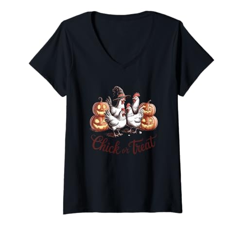 Damen Chick Or Treat Kürbis Huhn Halloween T-Shirt mit V-Ausschnitt Damen Chick Or Treat Kürbis Huhn Halloween T-Shirt mit V-Ausschnitt von Halloween Poultry Fun Pumpkin Humor