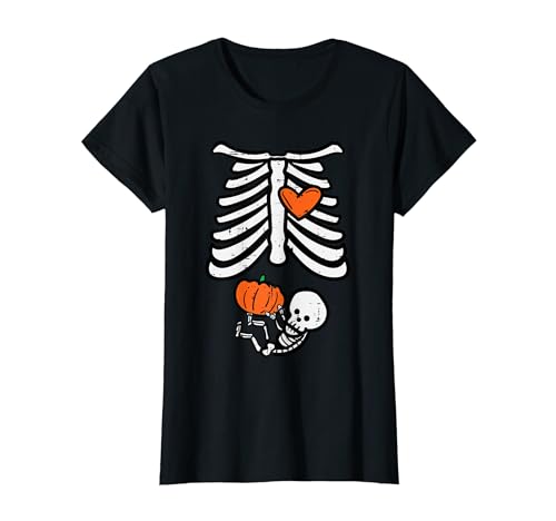 Halloween Schwangerschaft Skelett Baby Verkünden Kostüm Frauen T-Shirt von Halloween Pregnancy Baby Shower Shirts