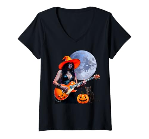 Damen Pretty Witch Rocker spielt E-Gitarre mit Katze T-Shirt mit V-Ausschnitt Damen Pretty Witch Rocker spielt E-Gitarre mit Katze T-Shirt mit V-Ausschnitt von Halloween Pretty Witch Rocker Guitar Player Vibes